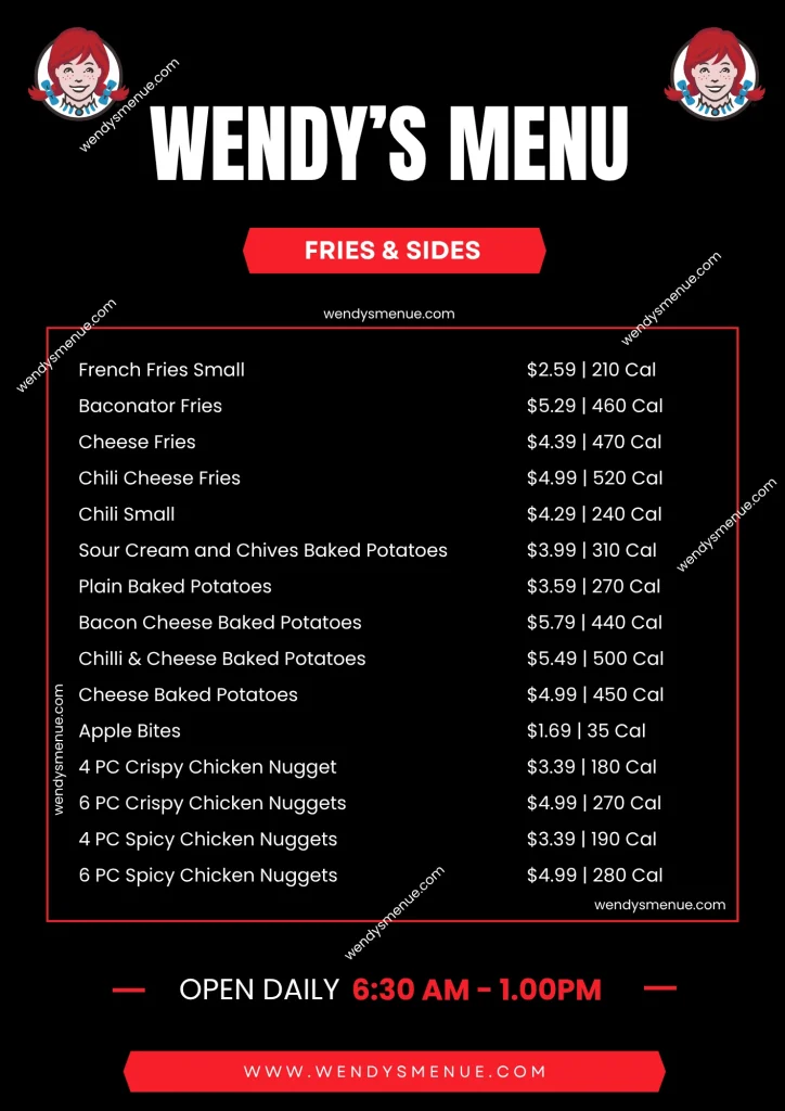 Wendys Fries & Sides list with prices and calories