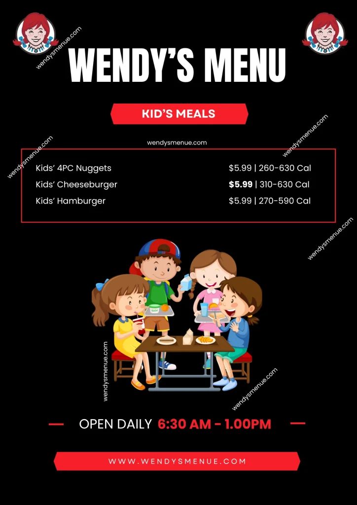 Wendys Kid’s Meals list with prices and calories