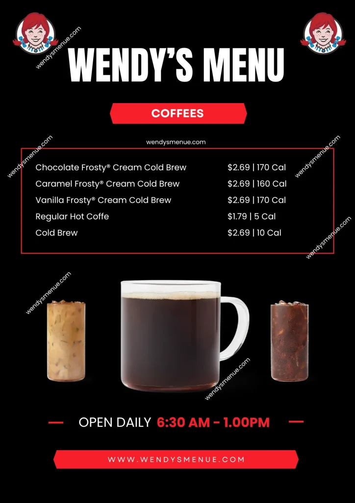 Wendys menu Coffees list with prices and calories