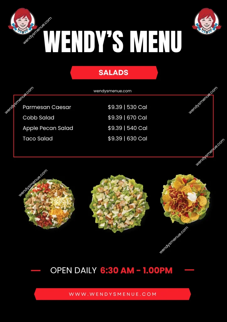 Wendys menu Salads list with prices and calories