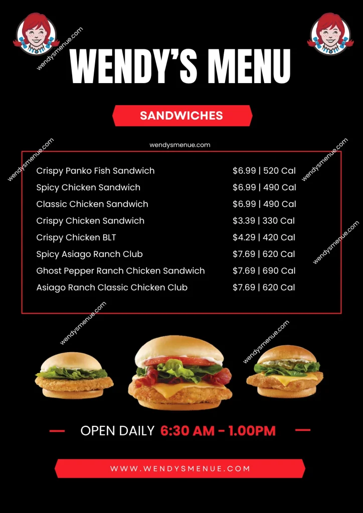 Wendys menu Sandwiches list with prices and calories