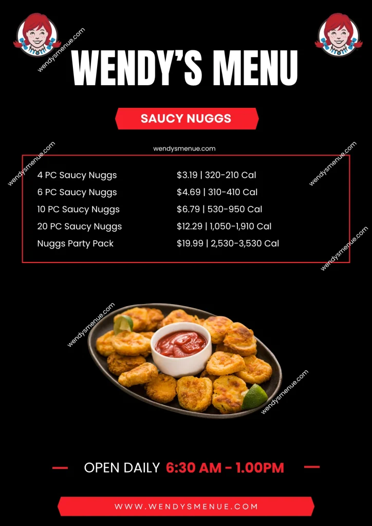 Wendys menu saucy nuggs list with prices and calories